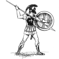 Educational illustrations - history. Pen and ink line drawing of a Spartan spearman Illustration of a Spartan warrior