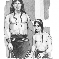 Educational illustrations - history. Watercolour illustration of Spartan man and young boy Illustration of a Spartan man and boy