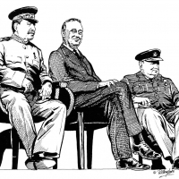 Educational illustrations - history. Pen and ink line drawing of Stalin, Roosevelt and Churchill's meeting at Tehran Illustration of Stalin, Roosevelt and Churchill