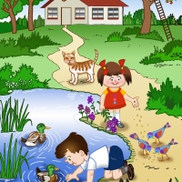 children playing by a pond