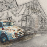 Illustration of old building and truck