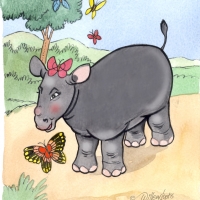 Watercolour - rhino calf and butterfly