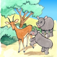 Watercolour - rhino calf and impala